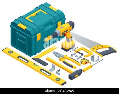 Set di utensili da costruzione di grandi dimensioni. Trapano, martello, seghetto, metro a nastro, pinze, pinze, chiavi, pinzatrice, rullo. Set di icone. Illustrazione Vettoriale