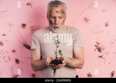 Uomo anziano sorpreso, giardiniere che tiene una pianta per piantare su uno sfondo di pareti sporche e rosa. Un agricoltore sorridente è impegnato nel giardinaggio. Foto Stock