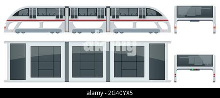 Trasporto isometrico autobus sopraelevato in Cina. Autobus a cavallo, autobus a cavallo, Land airbus, o tunnel bus veicolo stradale progettato per trasportare molti passeggeri. Lato Illustrazione Vettoriale