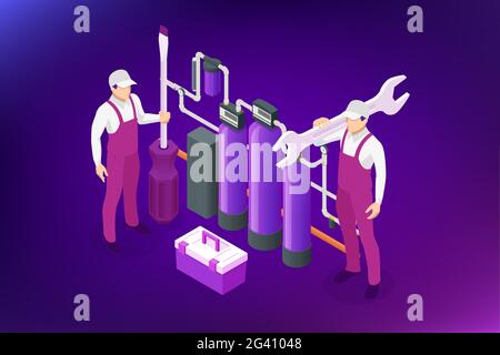 Sistema isometrico di installazione o riparazione del sistema di filtrazione dell'acqua a casa. Sistema di osmosi di purificazione FIX. Acqua potabile. Lavori sanitari Illustrazione Vettoriale