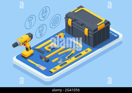 Set di utensili da costruzione di grandi dimensioni. Trapano, martello, seghetto, metro a nastro, pinze, pinze, chiavi, pinzatrice, rullo. Set di icone. Illustrazione Vettoriale
