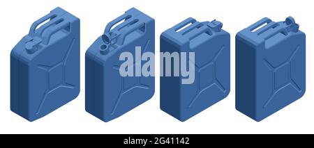 Taniche isometriche in metallo per combustibile. Canister per benzina, gas diesel. Serbatoio di stoccaggio ignifugo. Illustrazione Vettoriale
