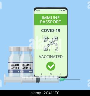 Telefono cellulare con passaporto sanitario digitale immune per covid-19. COVID-19 passaporto per l'immunità, certificato di immunità, certificato di vaccinazione. Illustrazione Vettoriale