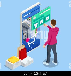 Acquisto online isometrico di smartphone, concetto di negozio di abbigliamento. Shopping online e-commerce. Moderna app per lo shopping su smartphone. Acquisto di vestiti sul web Illustrazione Vettoriale
