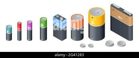 Batteria alcalina isometrica, accumulatori. Cilindri alcalini, accumulatori e pile a bottone. Gruppo di batterie di colore diverso isolate su bianco Illustrazione Vettoriale