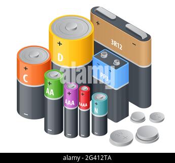 Batteria alcalina isometrica, accumulatori. Cilindri alcalini, accumulatori e pile a bottone. Gruppo di batterie di colore diverso isolate su bianco Illustrazione Vettoriale