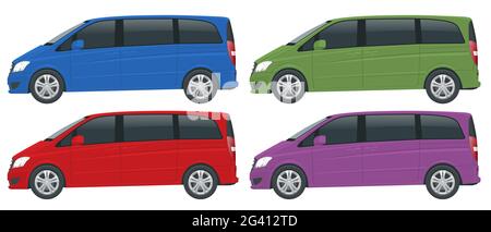 Visualizza il minivan elettrico laterale con tocchi Premium, modello vettoriale per auto minivan su sfondo bianco. Veicolo multiuso, SUV, minivan a 5 porte. Illustrazione Vettoriale