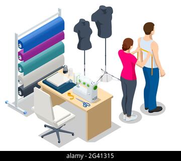 Collezione officina di cucitura isometrica. Industria tessile. Accessori per cucire e tessuto su sfondo bianco. Industria di sartoria, stilista di moda Illustrazione Vettoriale
