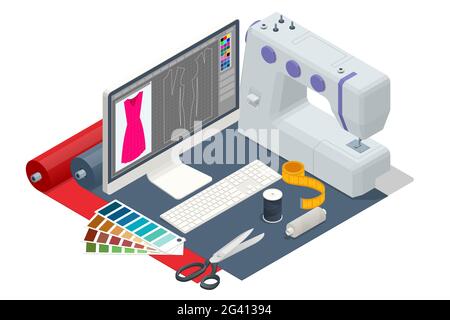 Collezione officina di cucitura isometrica. Industria tessile. Accessori per cucire e tessuto su sfondo bianco. Industria di sartoria, stilista di moda Illustrazione Vettoriale