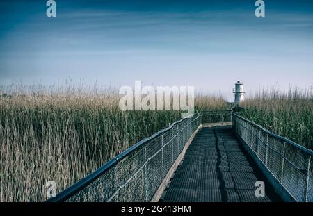 Ponte pedonale che conduce ad un faro. Foto Stock