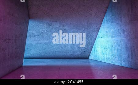interno di un corridoio in cemento, linee geometriche e luci colorate. rendering 3d Foto Stock
