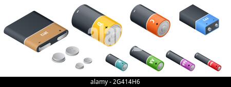 Batteria alcalina isometrica, accumulatori. Cilindri alcalini, accumulatori e pile a bottone. Gruppo di batterie di colore diverso isolate su bianco Illustrazione Vettoriale