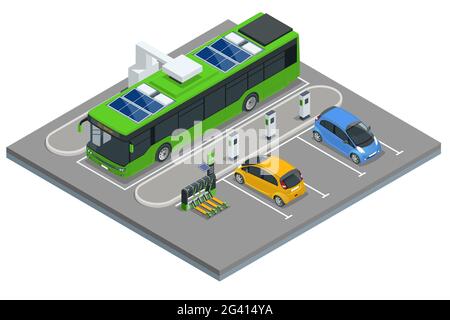 Isometrico un bus elettrico, un bus che è alimentato da elettricità. Trasporti pubblici ecologici Illustrazione Vettoriale