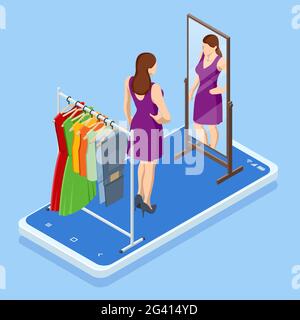 Acquisto online isometrico di smartphone, concetto di negozio di abbigliamento. Shopping online e-commerce. Moderna app per lo shopping su smartphone. Acquisto di vestiti sul web Illustrazione Vettoriale