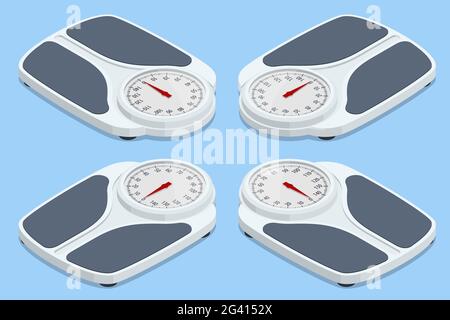 Bagno isometrico Scale su sfondo bianco, vista dall'alto. Perdita di peso, stili di vita sani, dieta, nutrizione adeguata. Illustrazione Vettoriale