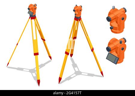 Misurazione isometrica apparecchiature di misurazione livellare la teodolite su treppiede isolato su sfondo bianco. Set di icone dell'apparecchiatura di misurazione geodetica. Costruzione Illustrazione Vettoriale