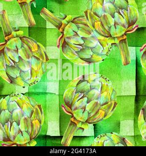 Un motivo senza cuciture di carciofi acquerelli su uno sfondo a strisce verdi Foto Stock