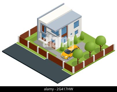 Casa appartamento isometrico. Costruzione, cottage, villa. Casa moderna accogliente in stile chalet con garage in vendita o in affitto con ampio giardino e prato. Illustrazione Vettoriale