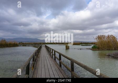 Lungo molo in legno e passerella in zone umide di acque salmastre con erba esparta e laguna sotto un cielo sovrastato Foto Stock