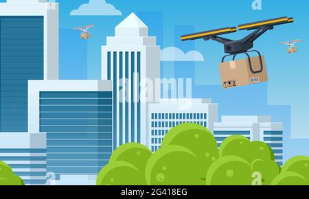 Drone di consegna con la scatola di cartone che sorvola la città. Quadricottero che trasporta un pacchetto al cliente. Innovazione tecnologica delle spedizioni. Drone Illustrazione Vettoriale