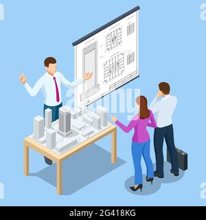 Architetti in ufficio che guardano al progetto di costruzione concetto isometrico. Architetti professionisti e progettisti che lavorano. Tecnico che lavora su un computer portatile Illustrazione Vettoriale