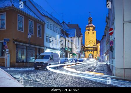 Judentor e Judengasse a Coburg, alta Franconia, Baviera, Germania Foto Stock