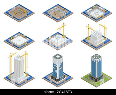 Processo di costruzione dello Skyscraper isometrico. Costruzione di gru, edificio a più piani in costruzione. Illustrazione Vettoriale