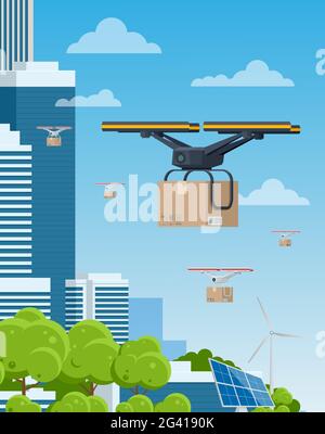 Drone di consegna con la scatola di cartone che sorvola la città. Quadricottero che trasporta un pacchetto al cliente. Innovazione tecnologica delle spedizioni. Drone Illustrazione Vettoriale