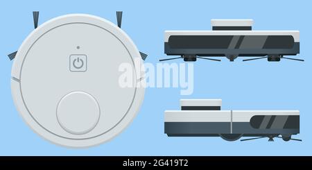 Aspirapolvere robot isometrico. L'aspirapolvere robot comunica con lo smartphone tramite wireless. Vista dall'alto e laterale Illustrazione Vettoriale