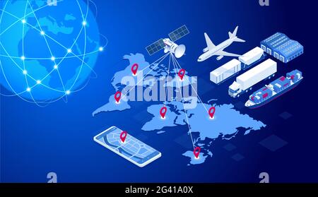 Concetto di rete logistica globale isometrica. Spedizione di merci. Il satellite tiene traccia del movimento del trasporto merci. Trasporto marittimo, aereo Illustrazione Vettoriale