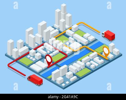 Trasporto del corriere mobile del carico o del servizio di trasporto di trasporto di trasporto di carico logistico isometrico. Consegna a casa e in ufficio. Logistica della città. Illustrazione Vettoriale