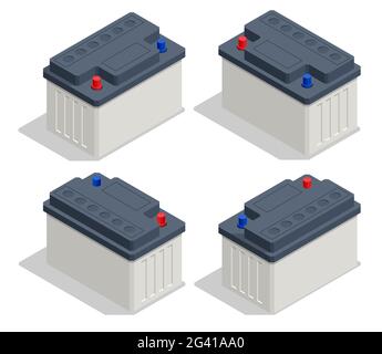 Icona della batteria isometrica per auto isolata su sfondo bianco. Batteria accumulatore energia e batteria accumulatore elettrico. Elementi riciclabili di Illustrazione Vettoriale