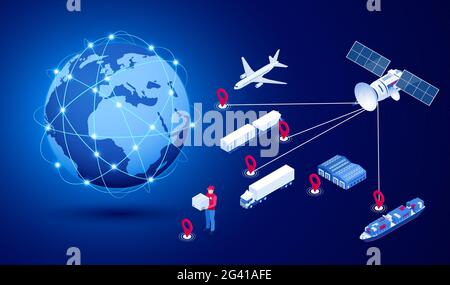 Concetto di rete logistica globale isometrica. Spedizione di merci. Il satellite tiene traccia del movimento del trasporto merci. Trasporto marittimo, aereo Illustrazione Vettoriale