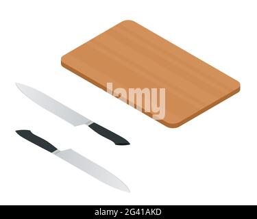 Cucina isometrica Tavola di legno con coltelli su sfondo bianco. Coltelli da cucina e tagliere di legno. Illustrazione Vettoriale