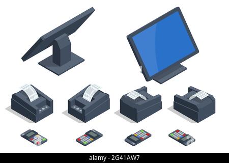 Set isometrico di prodotti del registro di cassa del negozio. Moderno terminale POS tablet con scanner per codici a barre e stampante per ricevute. Illustrazione Vettoriale