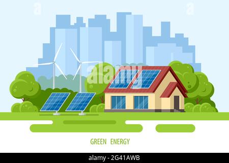 Pannelli solari sul tetto della casa moderna. Fonti di energia rinnovabili. Sistema di accumulo dell'energia elettrica di backup. Casa di ecologia Illustrazione Vettoriale