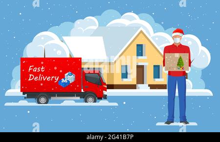 Camion di consegna che consegna regalo di Natale e Courier in una maschera facciale e un cappello di Natale con una scatola nelle sue mani in città e la neve che cade Illustrazione Vettoriale