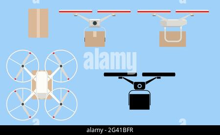 Consegna dei droni. Quadricottero che trasporta un pacchetto al cliente. Consegna di un drone in scatola di cartone isolato all'aria su sfondo bianco. Vista frontale, posteriore Illustrazione Vettoriale