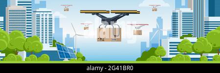 Drone di consegna con la scatola di cartone che sorvola la città. Quadricottero che trasporta un pacchetto al cliente. Innovazione tecnologica delle spedizioni. Drone Illustrazione Vettoriale