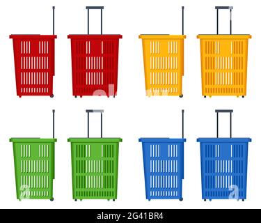 Set di cestelli in plastica su sfondo bianco. Vista laterale dei cestelli della spesa in plastica rossa, gialla, blu e verde Illustrazione Vettoriale