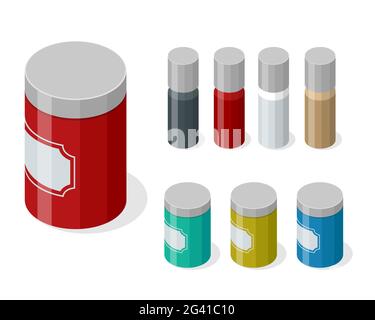 Set isometrico di varietà di spezie in vasi di vetro e metallo. Sale e spezie in contenitori di metallo su sfondo bianco Illustrazione Vettoriale