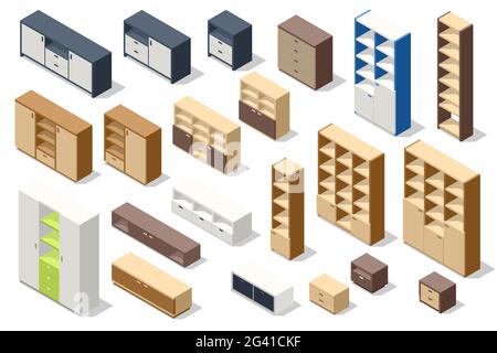 Set isometrico di diversi commode eleganti e moderni armadi isolati su bianco. Mobili per guardaroba Illustrazione Vettoriale