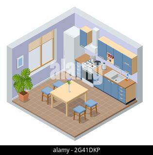 Interno cucina minimalista isometrico con mobili da pranzo su un pavimento. Interni moderni con cucina e sala da pranzo combinati. Illustrazione Vettoriale