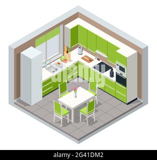 Interno cucina minimalista isometrico con mobili da pranzo su un pavimento. Interni moderni con cucina e sala da pranzo combinati. Illustrazione Vettoriale