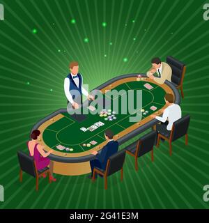 Uomini e donne isometrici che giocano a poker nel casinò. Torneo di poker del casinò. Invito al poker party. Illustrazione Vettoriale
