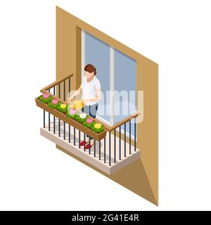 Isometrica Donna annaffiatura Fiori sul suo balcone esterno in estate. Balcone all'aperto con ringhiere in metallo argento isolate sullo sfondo. Illustrazione Vettoriale