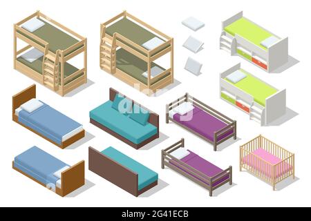 Set isometrico di diversi tipi di letti per bambini e adolescenti isolati su bianco. Icone di mobili in legno. Illustrazione Vettoriale