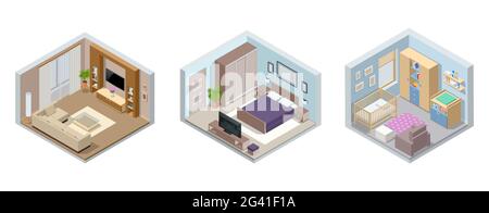 Grande lusso isometrico interni moderni e luminosi soggiorno, camera per bambini, camera da letto. Interni moderni di vera casa isolata su bianco Illustrazione Vettoriale