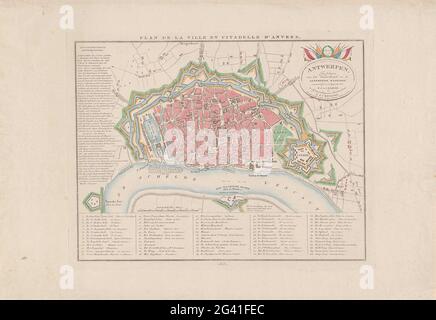 Mappa di Anversa con la Cittadella, 1831; Plan De la Ville et Citadelle d'Anvers. Mappa della città di Anversa, con la cittadella di destra, 1831. Links una lista degli eventi più importanti della città, in fondo alla Legenda 1-65. In alto a destra una cartouche con l'iscrizione 'a beneficio della patria e il rinforzo generale ...', e 'Chassé. Ottobre 27 1830. Foto Stock