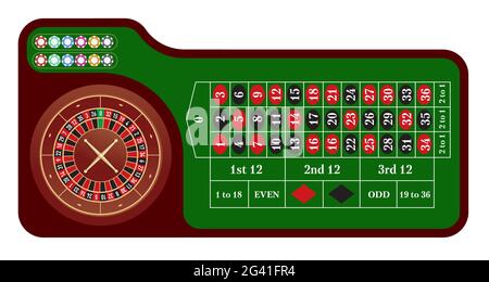 Tavolo da roulette europeo tradizionale. Concetto di gioco di casinò. Illustrazione Vettoriale